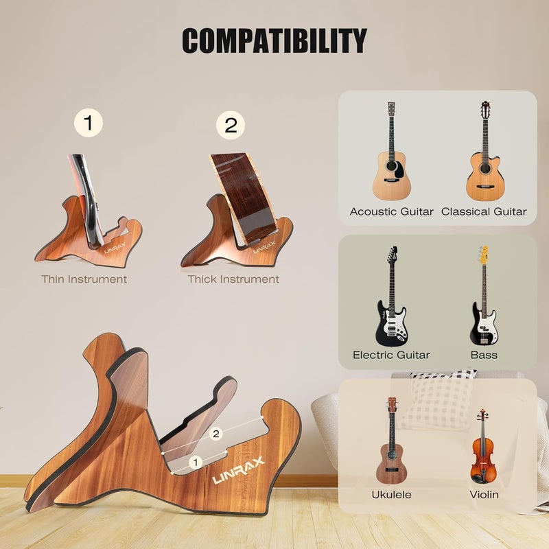 LINRAX GS2 Guitar Stand Floor, Universal Wooden Stand, Guitar Holder with Soft Rubber for Acoustic Guitar Classical Guitar Electric Guitar Bass Ukulele Violin Banjo Mandolin, Guitar Accessories - Image 5